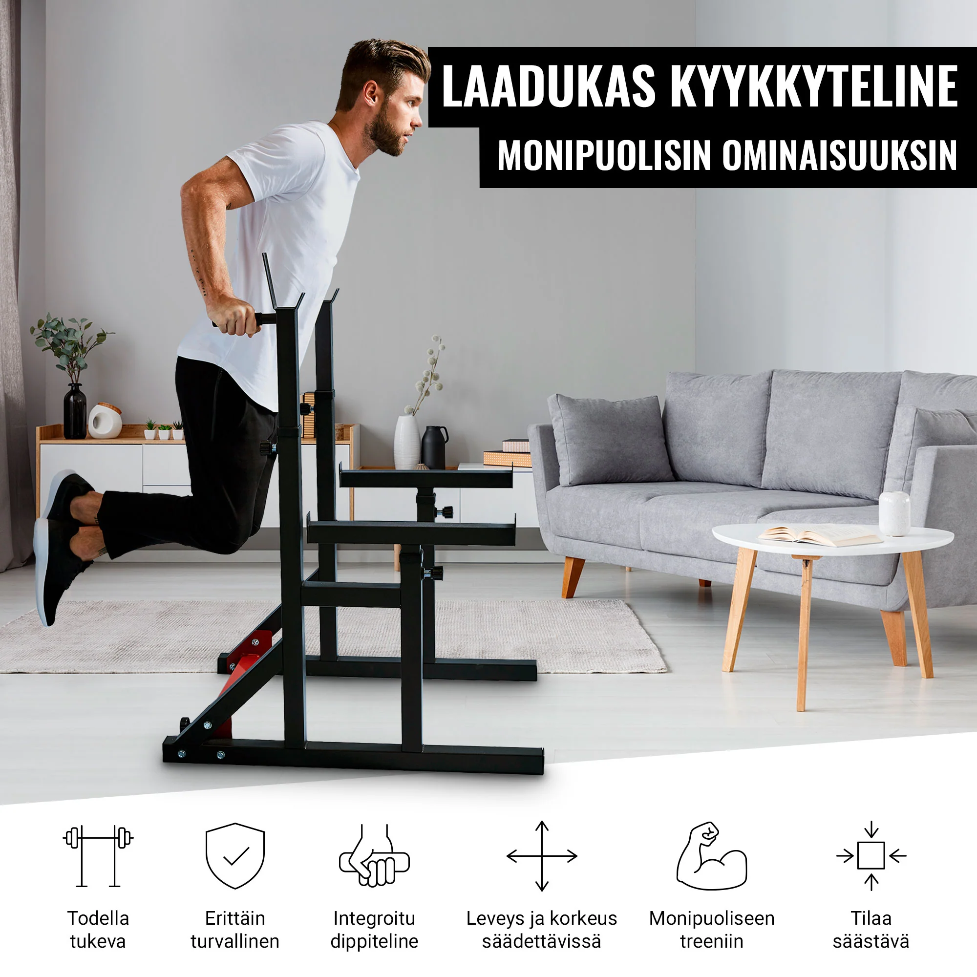 Säädettävä kyykkyteline varmistusraudoilla ja dippikahvoilla - Image 8